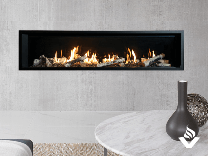 Valor L3 Linear Gas Fireplace shown with Birch Logs, Reflective Glass Liner and CIK front