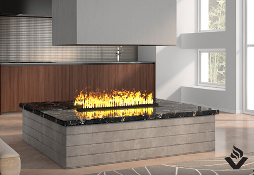 Opti-myst® Pro 1000 creates an intense flame atop a luxurious marble slab