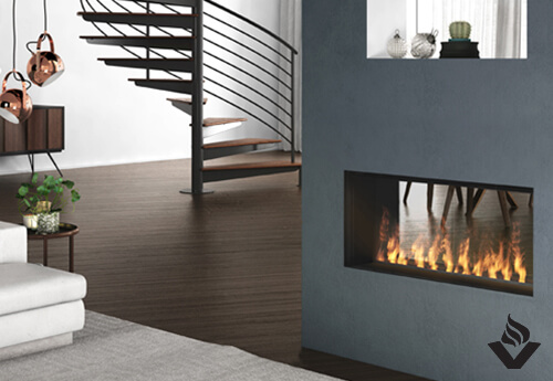 The Opti-myst® Pro 1000 is built-in to createa flush linear modern fireplace look