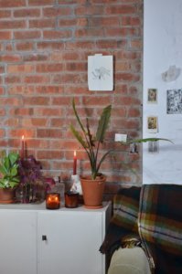 Candles, plants and fuzzy blanket in front of brick interior wall