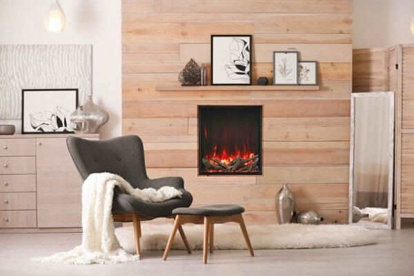 Amantii Tru-View XL Electric Fireplace in Bright Room featuring Timber and Plush Decor