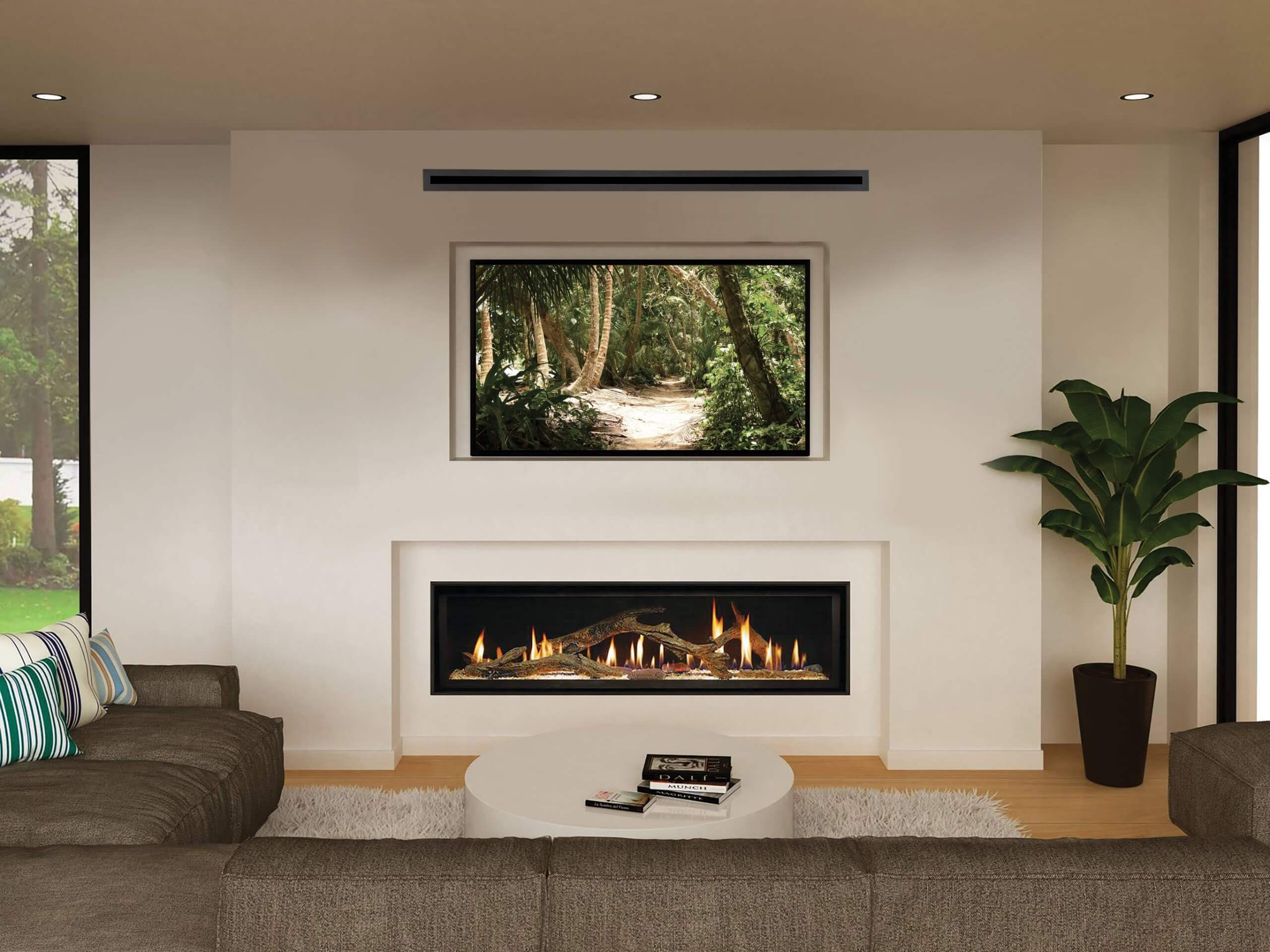 A linear gas fireplace sits beneath a recessed television 
