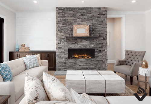 Linear New Forest Fireplace Electric on Grey Stacked Stone